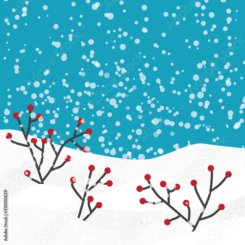 winter background, snow and red berries branches- vector illustration