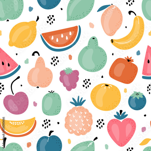 Colorful Vector Seamless Pattern with Cartoon Doodle Cute Fruits and Berries with abstract patterns. Summer Fruit Food Childish Background