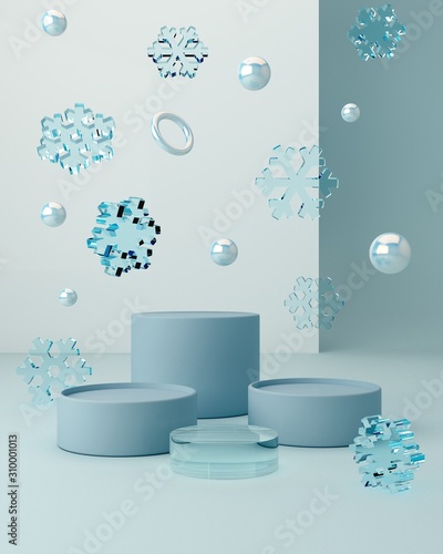 Minimal scene with podium and abstract background. Geometric shape. Blue winter colors scene. Minimal 3d rendering. Scene with geometrical forms and textured background. Snowflakes, snow. 3d render. 