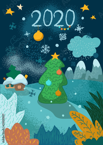 New Year vertical postcard with fir tree, village and mountains. 2020 greeting card. Winter landscape and decorated firtree