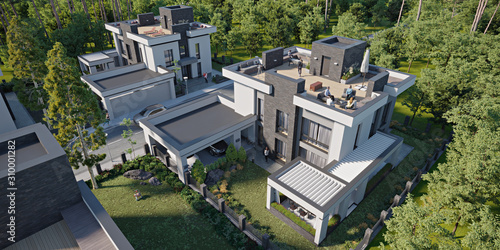 Aerial view of a townhouse village / gated community with a roof terrace, 3d rendering