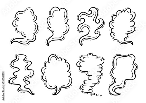 Steam Clouds Silhouette Vector Set. Hand drawn Doodle Sketch Smoke, Clouds, Fog or Steam. Black and White Drawing 