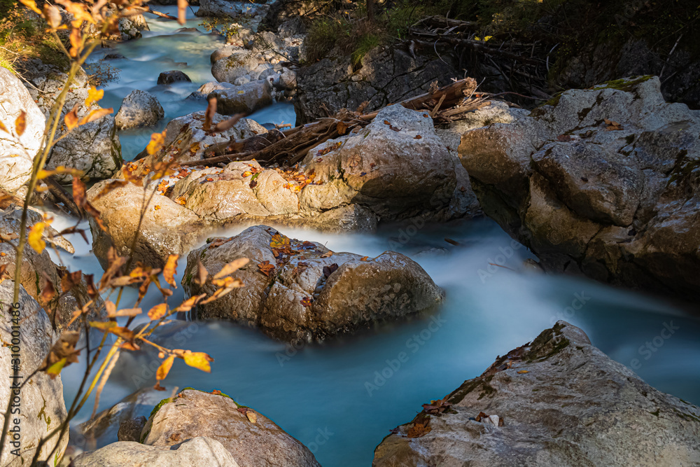Obraz premium Beautiful mountain torrent with silky water effect at the famous Hintersee, Ramsau, Berchtesgaden, Bavaria, Germany