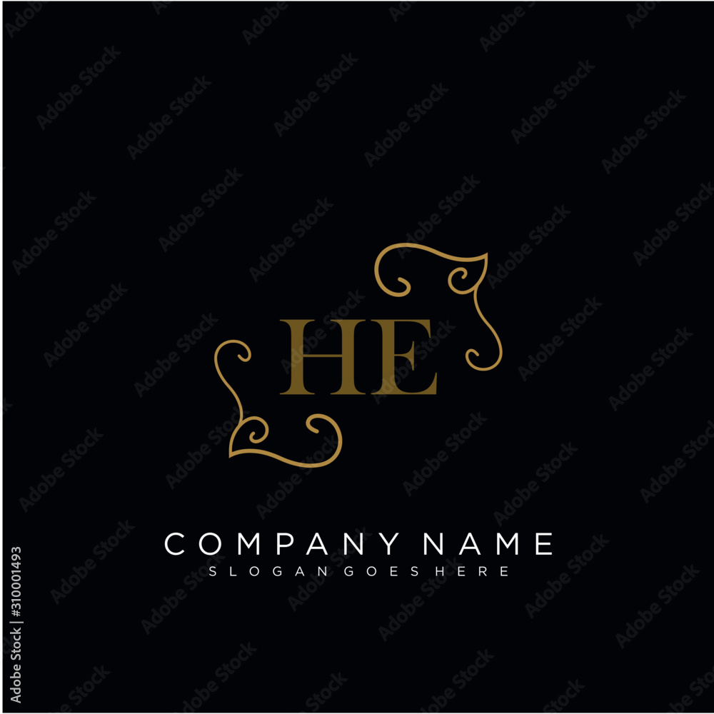  Initial letter HE logo luxury vector mark, gold color elegant classical 