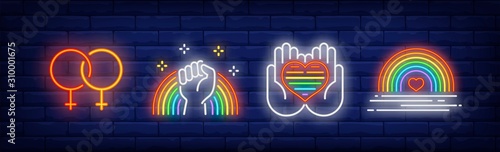 Fotografie, Obraz LGBT pride symbols neon sign set