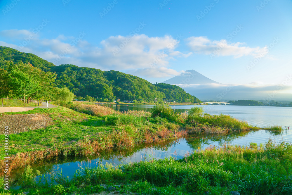 Mountain fuji at behind Kawaguchiko music forest museum point in fresh day