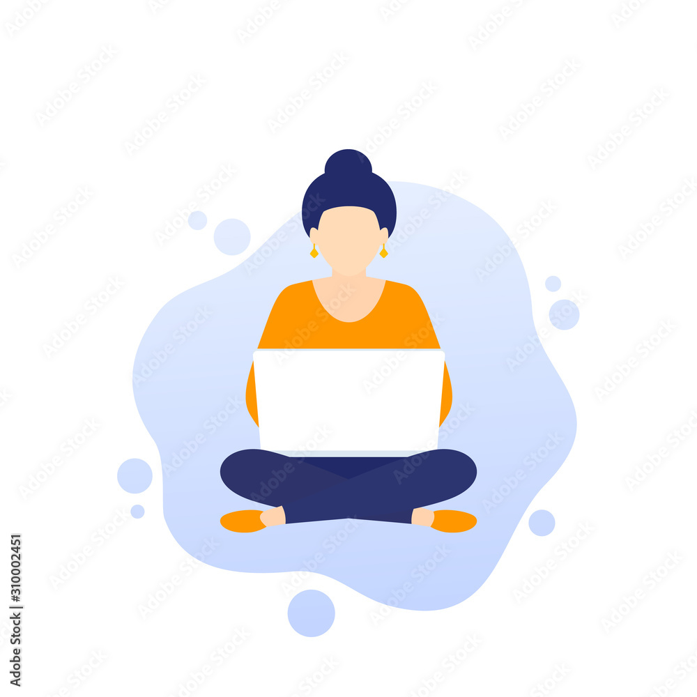 girl with laptop sitting in lotus pose, young freelancer working, vector