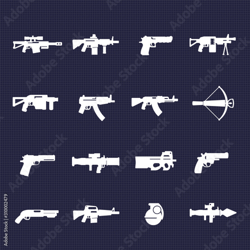 guns and weapons icons set, rifles, pistols, submachine guns, rocket launchers