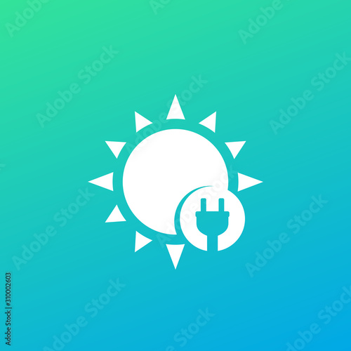 solar energy icon with electric plug and sun, white on green