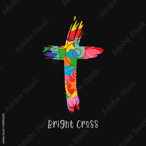 Cross concept in brushing style. Christian church vector logo. Colored crucifixion. Religious symbol and lettering concept. Abstract isolated graphic design template. Creative idea, black background.