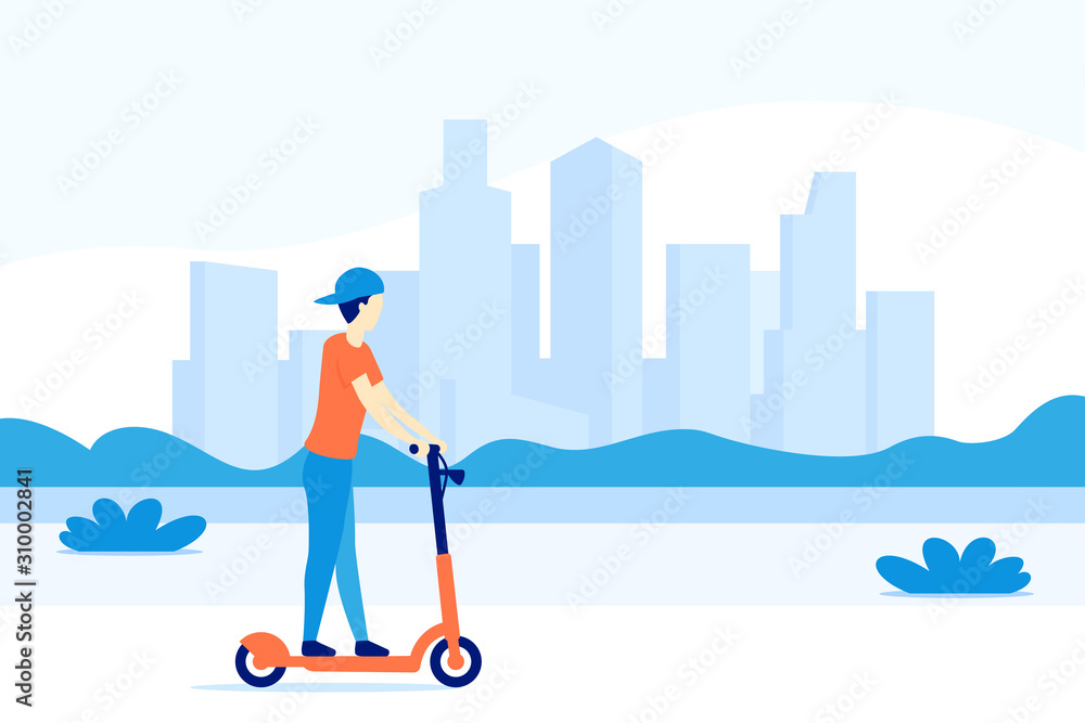boy riding electric kick scooter in the city, vector boy riding electric kick scooter in the city, vector