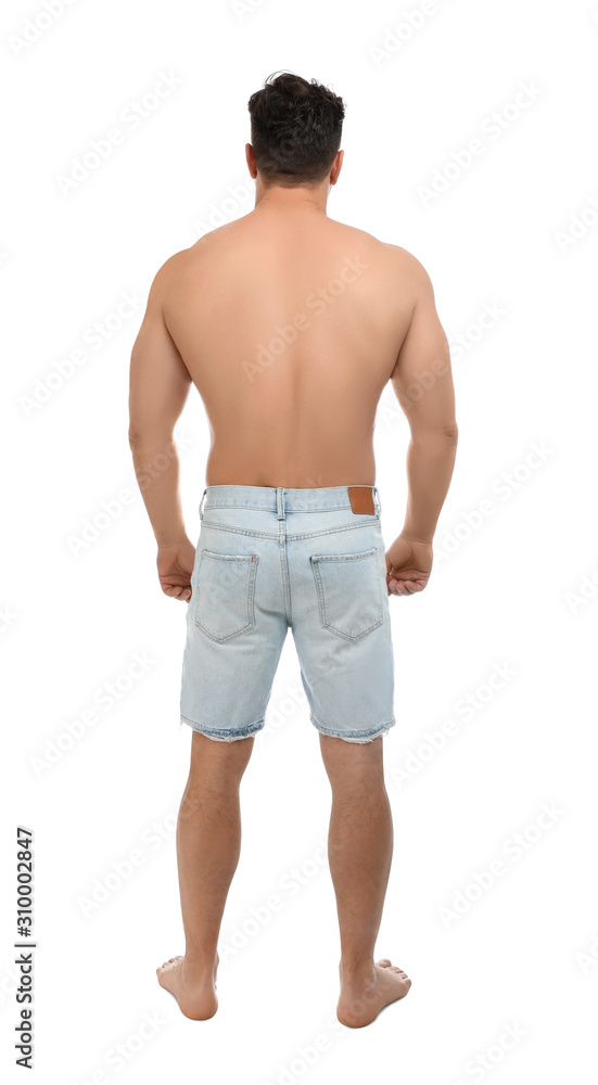 Fototapeta premium Shirtless man on white background, back view
