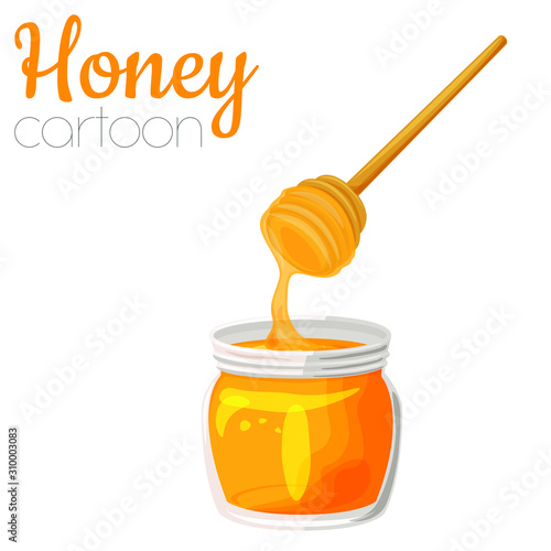Honey jar with dipper cartoon vector illustration, isolated cute clip-art.