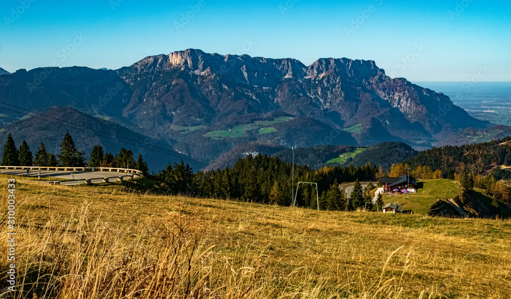 Beautiful alpine autumn or indian summer view with the Untersberg in the background at the famous Rossfeldstrasse, Berchtesgaden, Bavaria, Germany Beautiful alpine autumn or indian summer view with the Untersberg in the background at the famous Rossfeldstrasse, Berchtesgaden, Bavaria, Germany