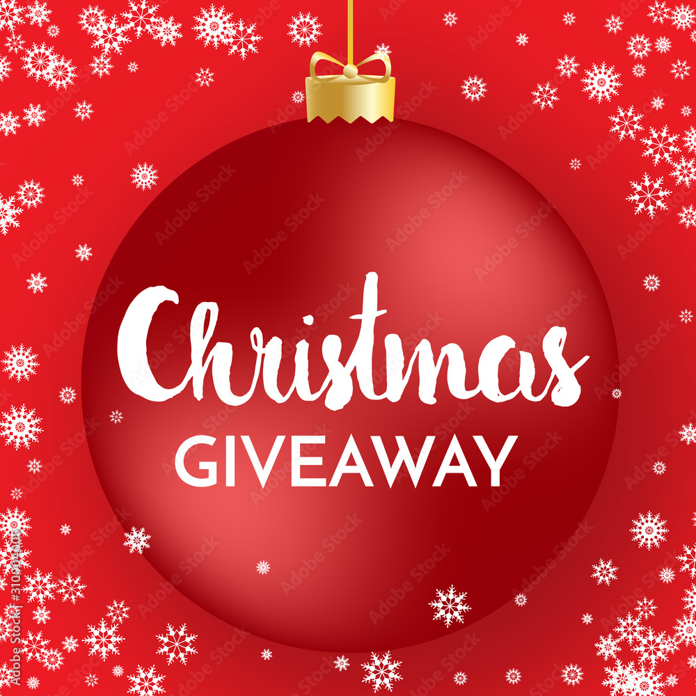 Christmas giveaway - banner template. Red Christmas ball, white snowflakes and Giveaway phrase on red background. Vector illustration
