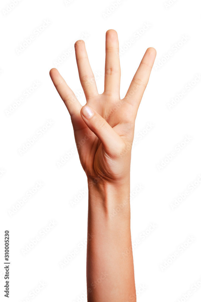 Fototapeta premium Woman with white skin shows hand with sign