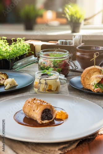 Different tasty dishes on t...