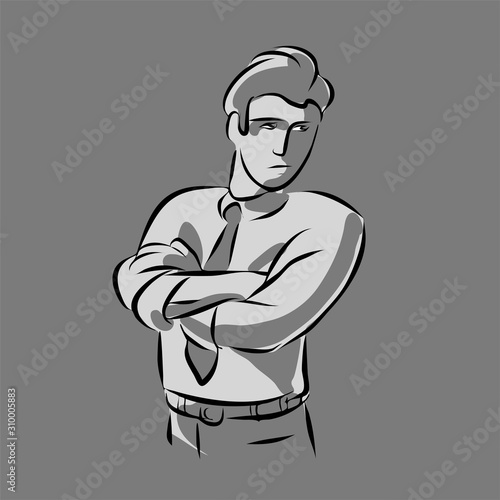 Sad office worker man in a tie stands with his arms crossed on his chest. Vector monochrome illustration.