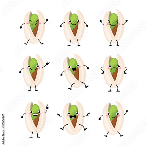 Cute pistachio nuts characters set with different emitions vector illustration.