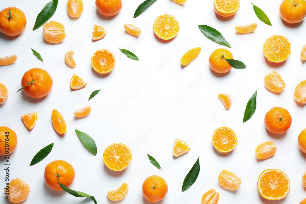 Frame made of fresh ripe and space for text on white background, top view. Citrus fruit Frame made of fresh ripe and space for text on white background, top view. Citrus fruit