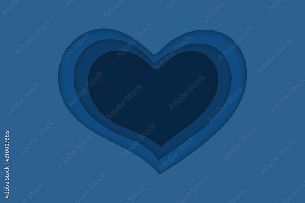 Blue hearts with shadow. Vector illustration for valentine's day in paper cut style