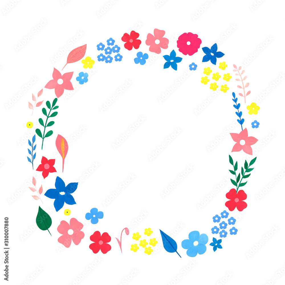 Modern hand drawn floral wreath isolated on white background. Copy space. Perfect  watercolor, gouache wreath for design greeting card, birthday invitation, spring hollidays. Blue, pink colors.