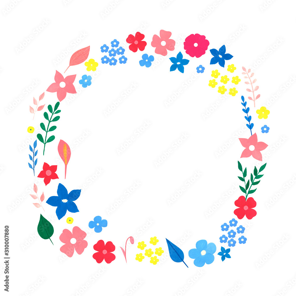 Modern hand drawn floral wreath isolated on white background. Copy space. Perfect watercolor, gouache wreath for design greeting card, birthday invitation, spring hollidays. Blue, pink colors. Modern hand drawn floral wreath isolated on white background. Copy space. Perfect watercolor, gouache wreath for design greeting card, birthday invitation, spring hollidays. Blue, pink colors.