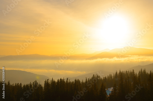 Sunrise in the Ukrainian Carpathian Mountains. Sun Rising over Hoverla Mountain, Highest Point of Ukraine.