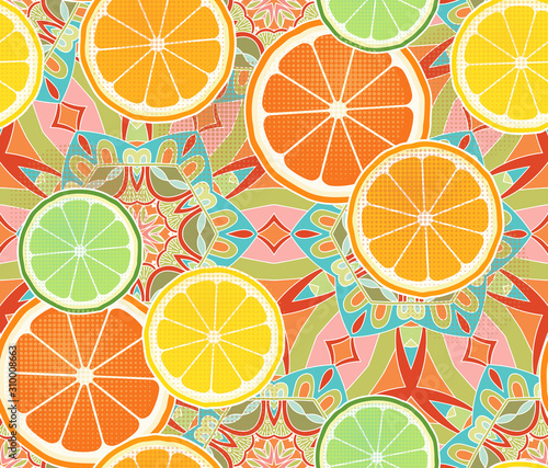 Citrus fruit slices on a intricate 