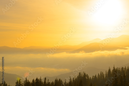 Sunrise in the Ukrainian Carpathian Mountains. Sun Rising over Hoverla Mountain, Highest Point of Ukraine. © Maksym Protsenko