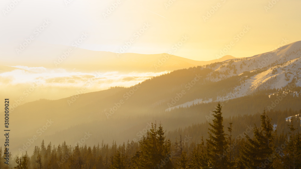 Sunrise in the Ukrainian Carpathian Mountains. Ukraine.