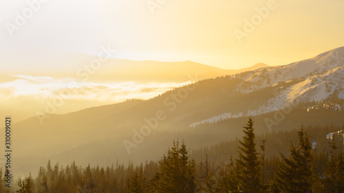 Sunrise in the Ukrainian Carpathian Mountains. Ukraine.