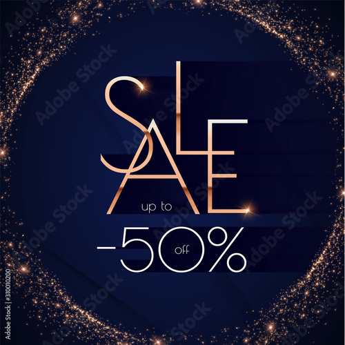 Sale banner gold metal design. Shining advertising template.