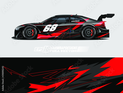 Car wrap design vector. Graphic abstract stripe racing background kit designs for wrap vehicle, race car, rally, adventure and livery. Full vector eps 10