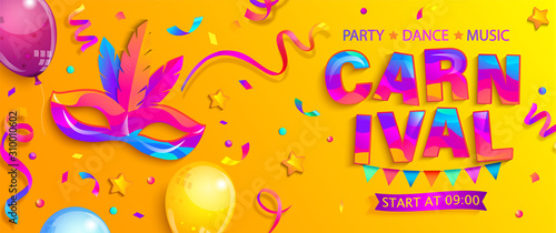 Banner for fun carnival party.Traditional mask with feathers,confetti and balloons for carnaval,mardi gras, fesival,masquerade,parade.Template for design invitation,flyer poster,banners. Vector.
