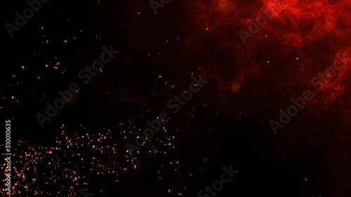 Beautiful abstract seamless loopable background. Burning red sparks rise from fire. Orange glowing flying particles over black and red lava background. fire particles background loop.