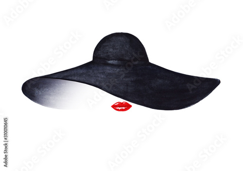Beautiful woman with red lips and elegant black hat isolated on white background