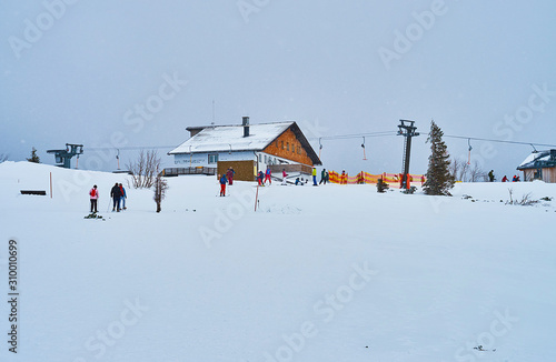 Skiers on Feuerkogel mountain plateau, Salzkammergut, Austria photo