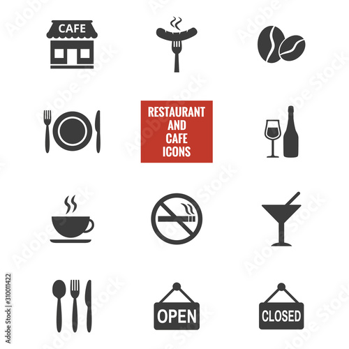 Restaurant and cafe icons set on white background.