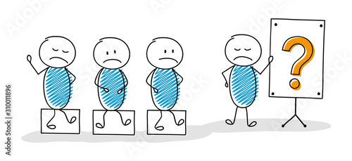 Group of a hand drawn funny stickmen with whiteboard and question mark icon. Vector