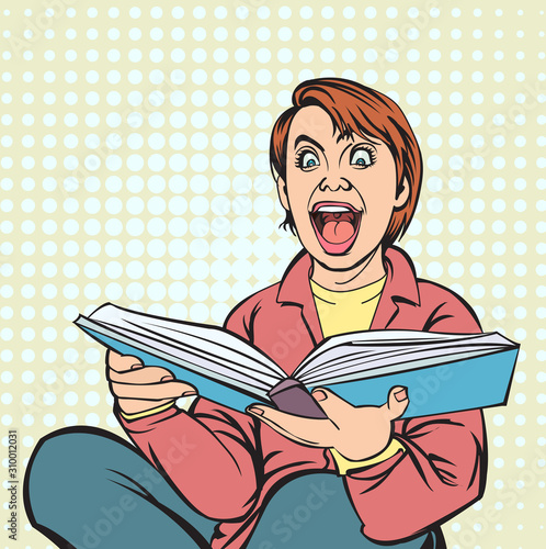 He is happy and excited about reading a thick book.Pop art cartoon Retro style Halftone background, imitation of old