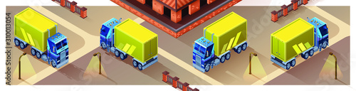 Set with truck isometric. Four projections of a truck in isometry. Isolated Vector. Cargo delivery.