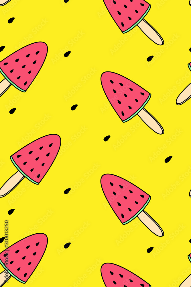 Red Watermelons Ice Cream yellow background. Seamless pattern illustration summer sliced melon. Raster abstract page for design natural products, food shop, supermarket, ecology concepts print, health Red Watermelons Ice Cream yellow background. Seamless pattern illustration summer sliced melon. Raster abstract page for design natural products, food shop, supermarket, ecology concepts print, health