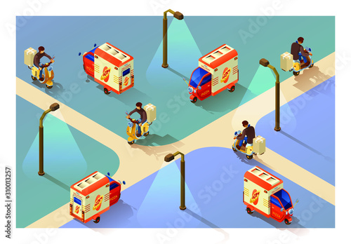 Delivery pizza electric tricycle. Four projections of a delivery man in isometry. Delivery concept.