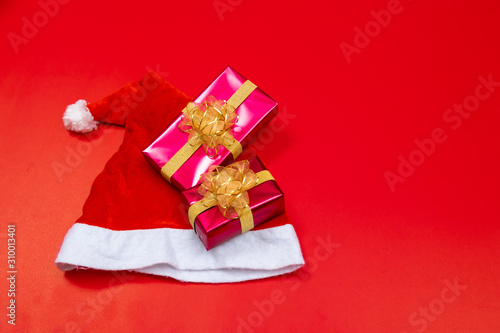 Christmas background concept. Top view of Christmas gift box with spruce branches