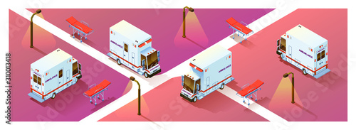 Concept city ambulance. Four projections of an ambulance van in isometry. Isolated Vector.