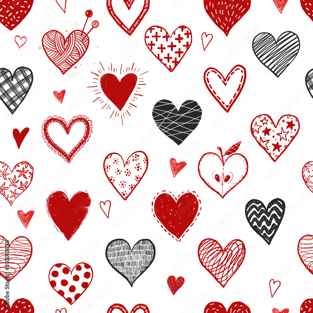 Seamless background with red and black doodle sketch hearts. Can be used for wallpaper, pattern fills, textile, web page background, surface textures. Seamless background with red and black doodle sketch hearts. Can be used for wallpaper, pattern fills, textile, web page background, surface textures.