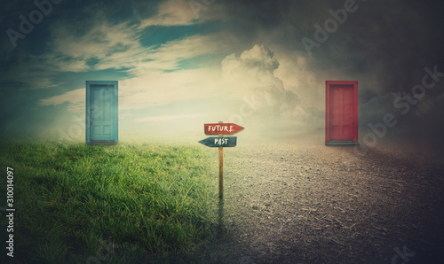 Split surreal landscape shows environmental and climate change with a signpost in the middle leading to the past and future doors. Global warming concept, planet destruction, humanity choice.