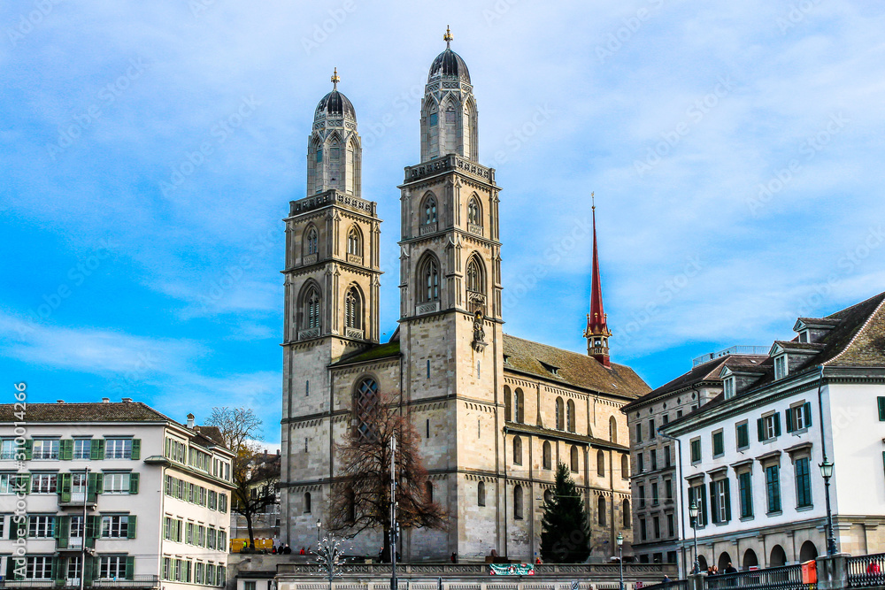 The Grossmünster, a Romanesque-style Protestant church.  Zurich, Switzerland
