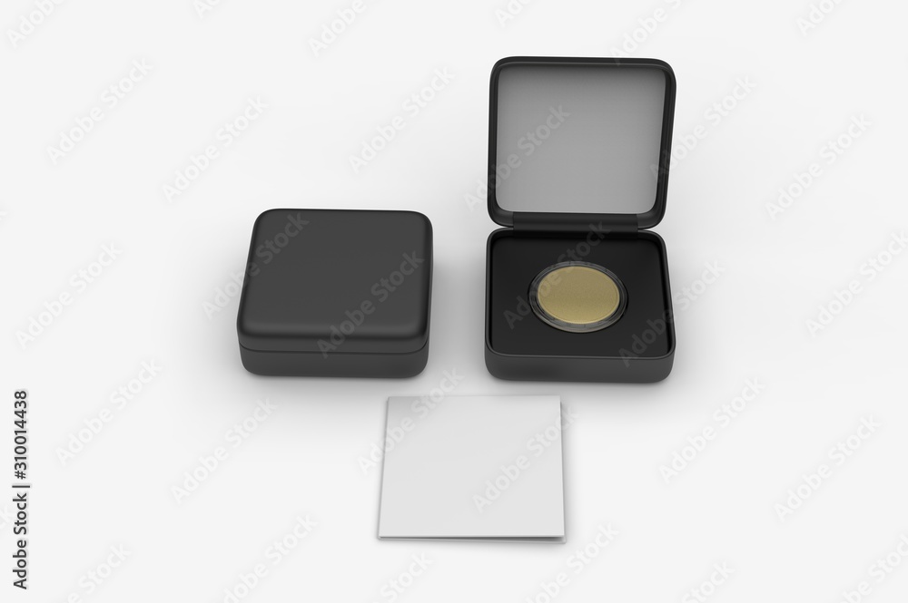 Blank proof coin in plastic case and paper box. 3d render illustration. Blank proof coin in plastic case and paper box. 3d render illustration.